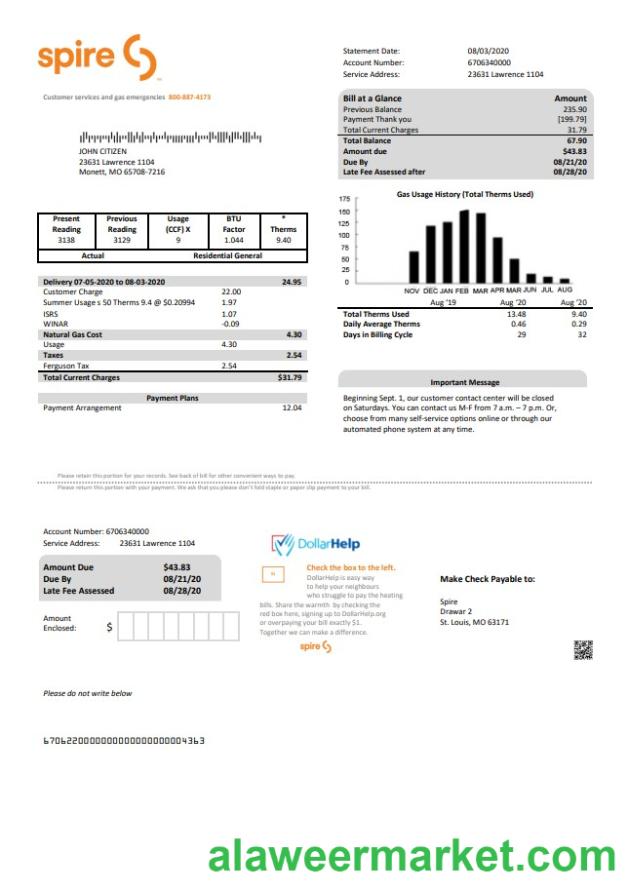 USA Spire gas utility bill template in Word and PDF format